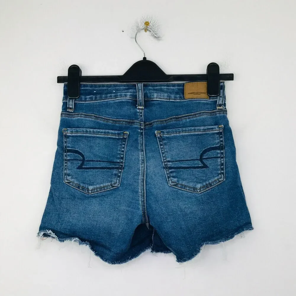 American Eagle Women's 0 Denim Shorts Blue Side Stripe Hi-Rise Shortie CE14